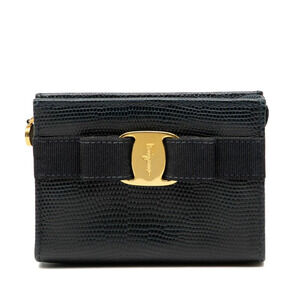 Salvatore Ferragamo Vara Ribbon Embossed Clutch Cosmetic Navy Blue Leather